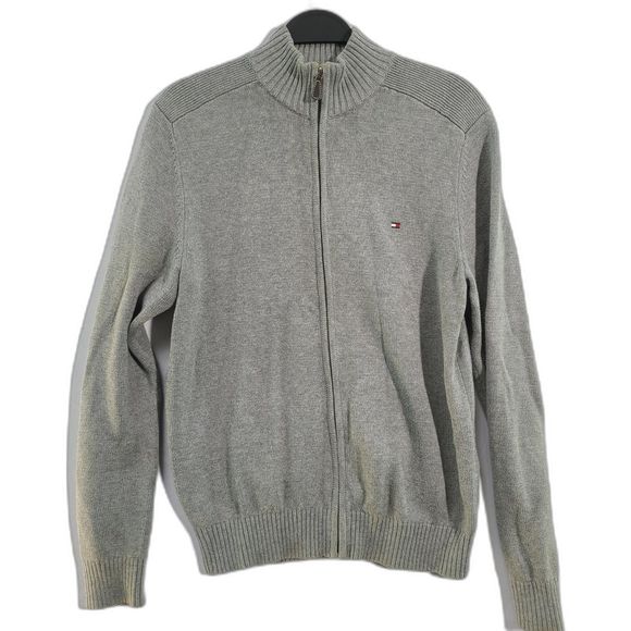 Tommy Hilfiger Light Gray Heather Ribbed Fleece Lined Full Zip Sweater Small - Picture 1 of 10